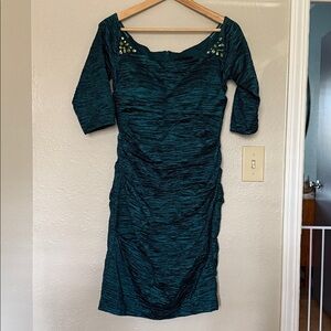Teal Ruched Sheath Dress with Bateau Neckline